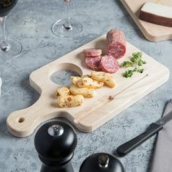 Choice 13 1/2" X 7 1/2" X 3/4" Medium Wooden Bread / Charcuterie Cutting Board With Ramekin Insert, Knife Slot, And Handle
