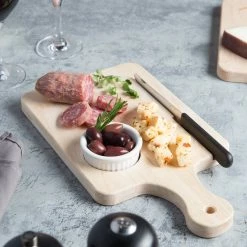 Choice 13 1/2" X 7 1/2" X 3/4" Medium Wooden Bread / Charcuterie Cutting Board With Ramekin Insert, Knife Slot, And Handle -Acopa Shop 1306552