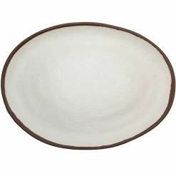 GET Enterprises GET P-151-CRM Pottery Market 15" X 11" Glazed Oval Cream Melamine Coupe Platter With Brown Trim - 6/Case