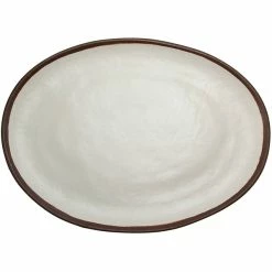 GET Enterprises GET P-183-CRM Pottery Market 18" X 13" Glazed Oval Cream Melamine Coupe Platter With Brown Trim - 3/Case