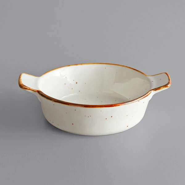 Acopa Keystone 6 Oz. Vanilla Bean Stoneware Mini Casserole Dish With Handles - 6/Case 4 Acopa Keystone 6 Oz. Vanilla Bean Stoneware Mini Casserole Dish With Handles - 6/Case - Image 2