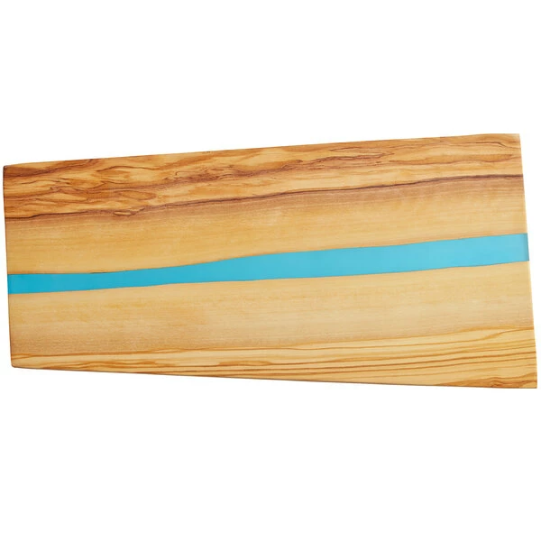 American Metalcraft OWP14 14" X 7" X 5/8" Rectangular Olive Wood Serving Board With Blue Polyresin Streak 4 American Metalcraft OWP14 14" X 7" X 5/8" Rectangular Olive Wood Serving Board With Blue Polyresin Streak - Image 2