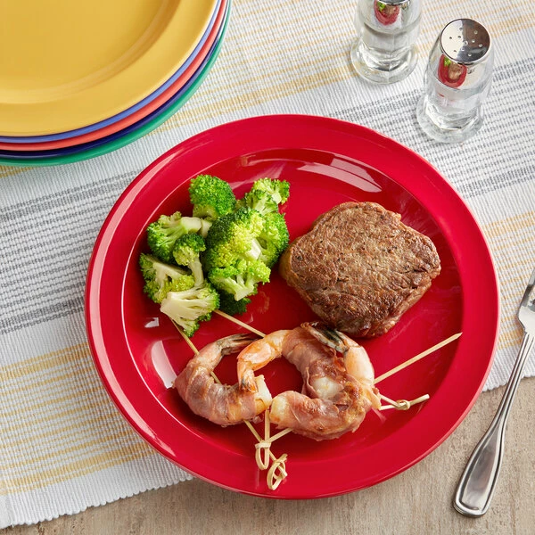 Acopa Foundations 10" Assorted Colors Narrow Rim Melamine Plate - 72/Case 3 Acopa Foundations 10" Assorted Colors Narrow Rim Melamine Plate - 72/Case