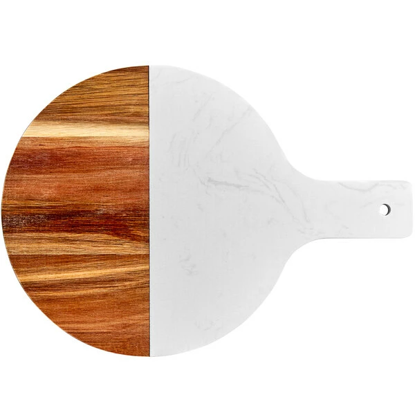 Acopa 10" Round Acacia Wood And White Marble Serving Board With 4" Handle 4 Acopa 10" Round Acacia Wood And White Marble Serving Board With 4" Handle - Image 2