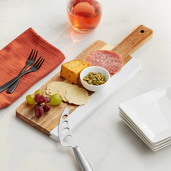 Acopa 16" X 5" Acacia Wood And White Marble Serving Board With Handle 3 Acopa 16" X 5" Acacia Wood And White Marble Serving Board With Handle