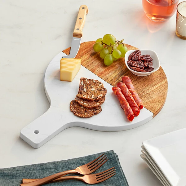 Acopa 10" Round Acacia Wood And White Marble Serving Board With 4" Handle 3 Acopa 10" Round Acacia Wood And White Marble Serving Board With 4" Handle
