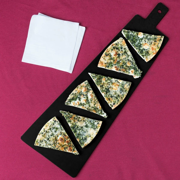 Cal-Mil 1535-24-13 Black Trapezoid Flat Bread Serving / Display Board With Handle - 23 3/4" X 8" X 1/4" 3 Cal-Mil 1535-24-13 Black Trapezoid Flat Bread Serving / Display Board With Handle - 23 3/4" X 8" X 1/4"